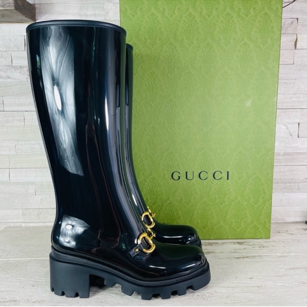 Gucci NWB Size 38 Black Gloss Rubber Insulated Horsebit Knee-High Rain Boot NWT - Picture 3 of 14